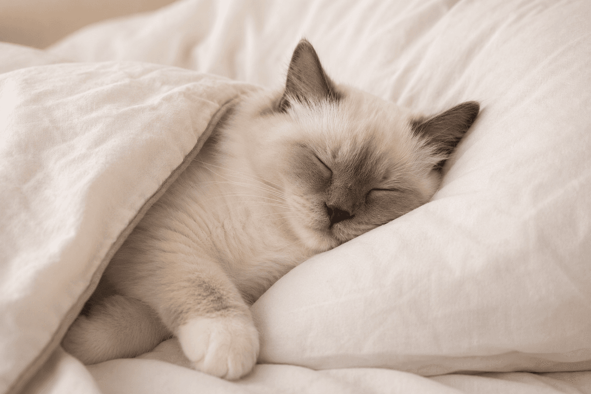 Birmadoll sleeping in bed