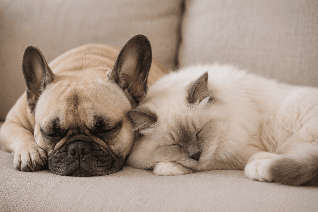 Birmadoll sleeping with french bulldog